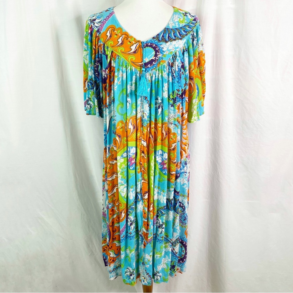Go Softly Blue Paisley V-Neck Short Sleeve Tassel Front Zip Patio Dress Lg